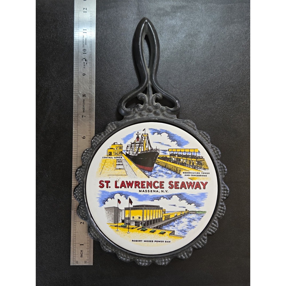 St. Lawrence Seaway Massena NY Round Metal & Ceramic Trivet 7" Made England